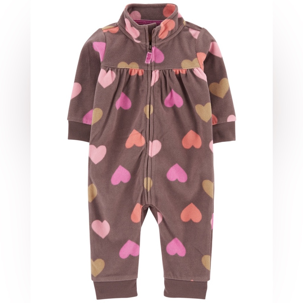 Carter's Baby Girls Long Sleeve Jumpsuit - Brown with Pink Orange and Tan Hearts